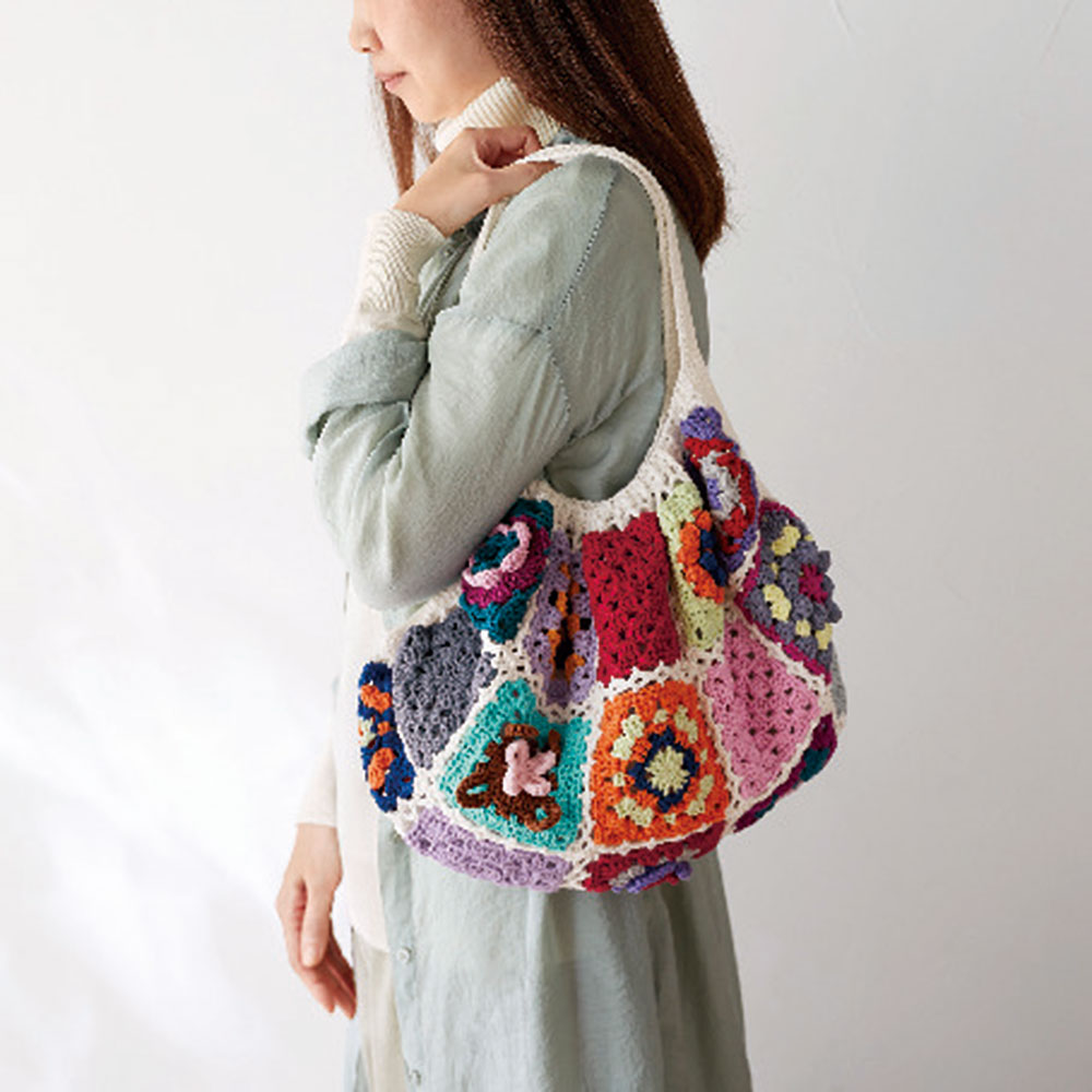 つなげて楽しむレトロポップなモチーフ編み ネイビー×オレンジ×ライトグリーン