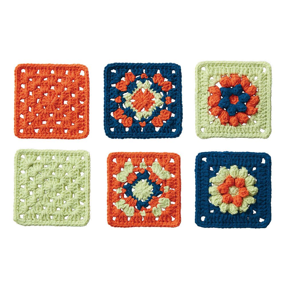 つなげて楽しむレトロポップなモチーフ編み ネイビー×オレンジ×ライトグリーン