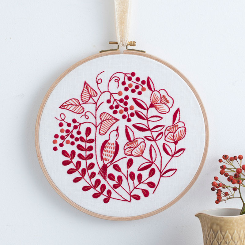 赤い花と小鳥のフレーム〜『刺繍で描く植物模様』刺しゅうキットシリーズ