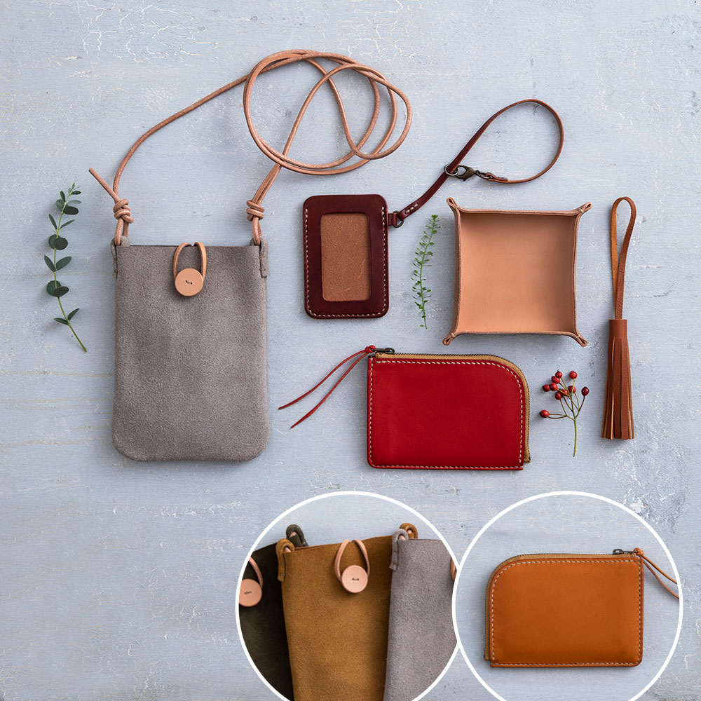 〈日本手芸普及協会通信講座〉手縫いレザークラフト本科　財布：キャメル／ポーチ：キャメル