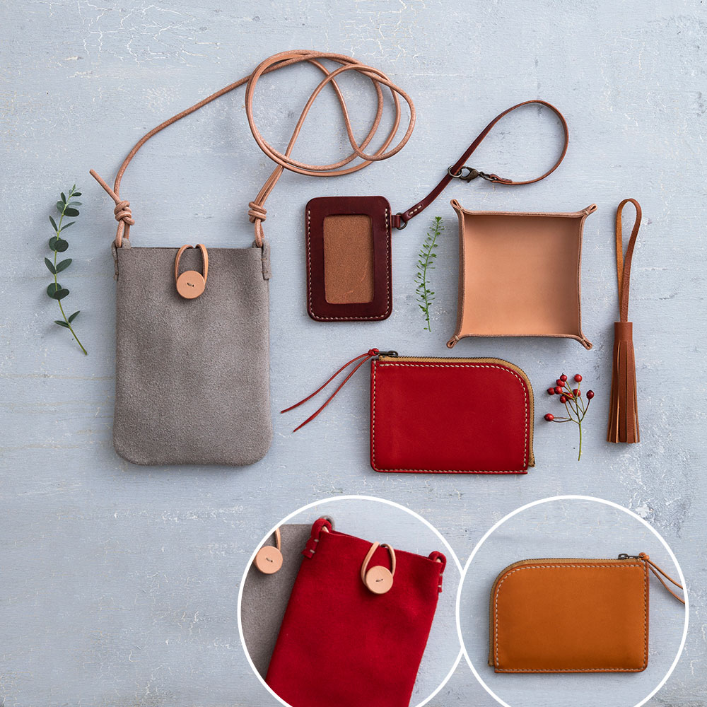 〈日本手芸普及協会通信講座〉手縫いレザークラフト本科　財布：キャメル／ポーチ：レッド