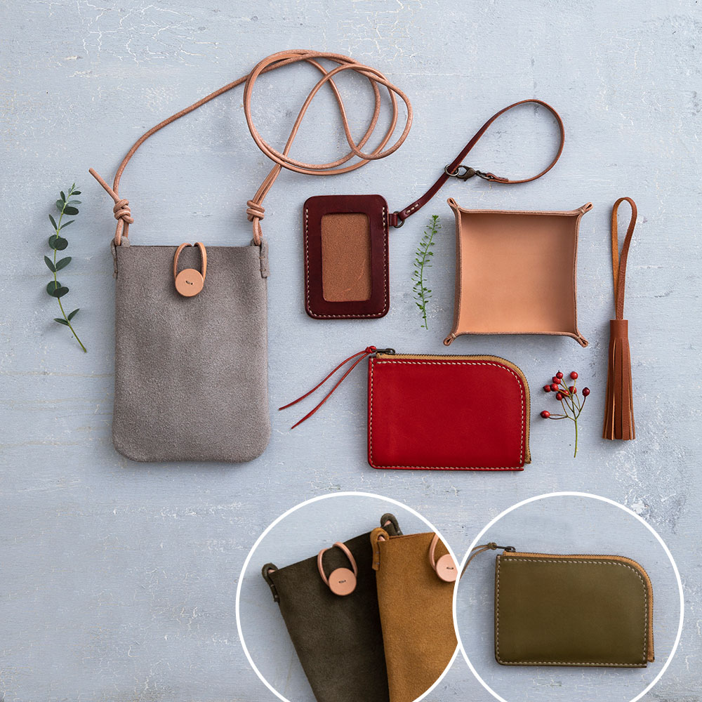 〈日本手芸普及協会通信講座〉手縫いレザークラフト本科　財布：オリーブ／ポーチ：オリーブ