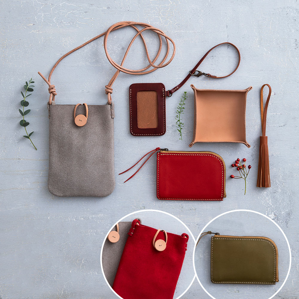 〈日本手芸普及協会通信講座〉手縫いレザークラフト本科　財布：オリーブ／ポーチ：レッド