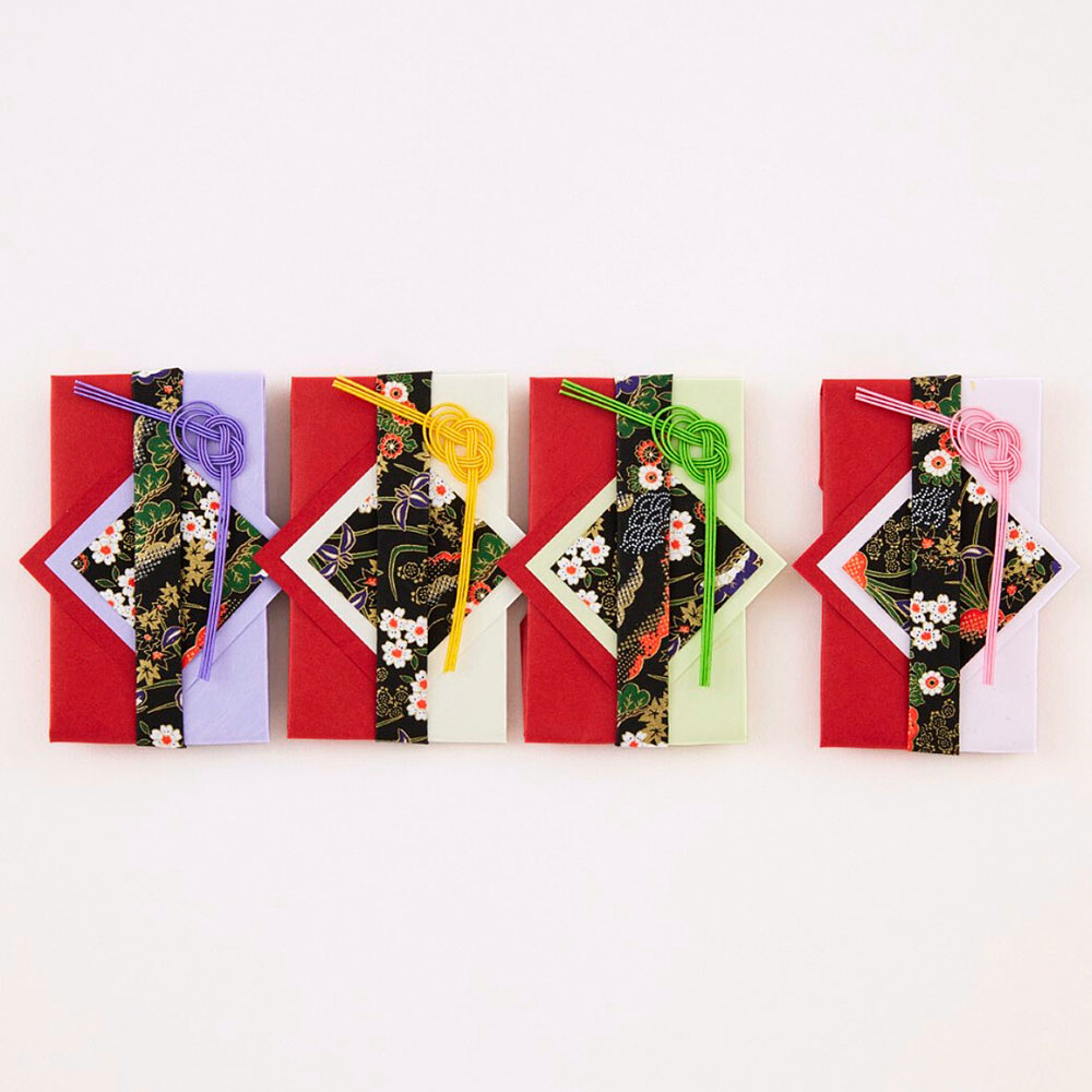 和紙おりがみポチ袋キット　赤／花寄せ紋