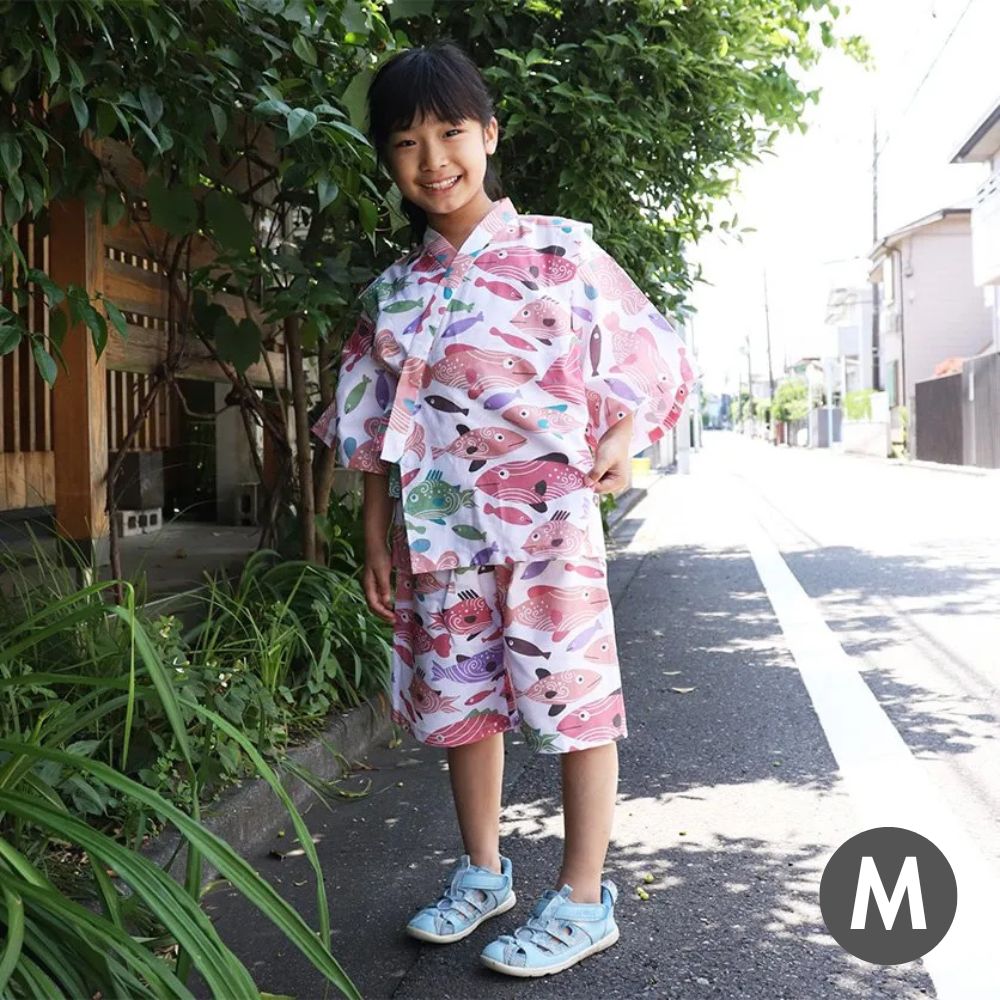 nunocoto fabric パターンファブリック こども甚平[うずまきフィッシュの群れ] サイズ(110～130サイズ)