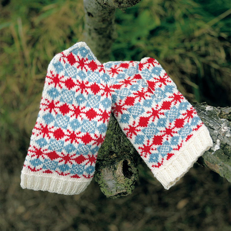 〈レシピ〉赤と水色と生なりの編み込みミトン