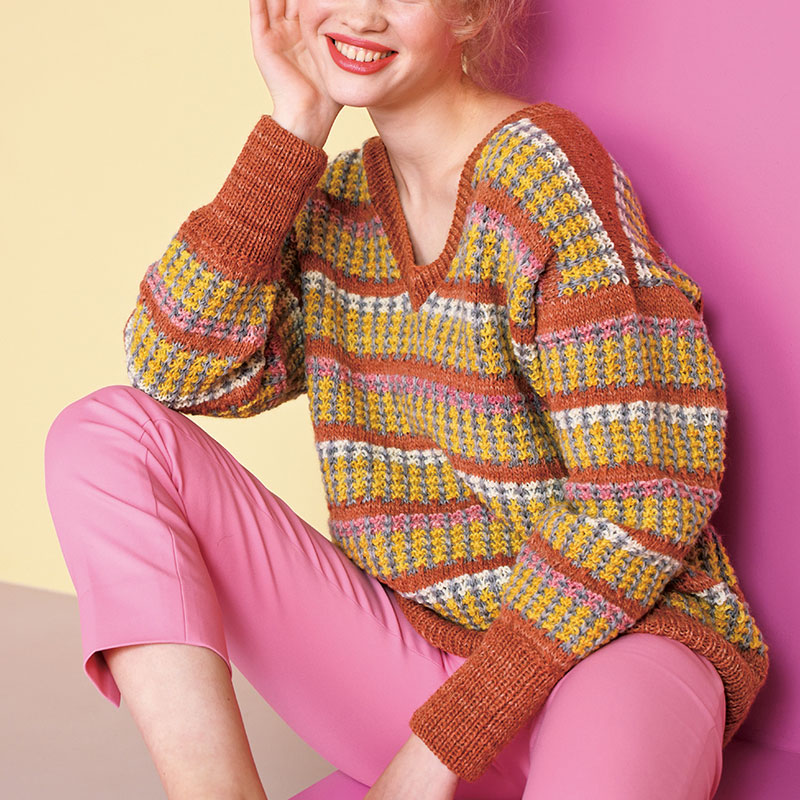 〈レシピ〉オレンジ色・黄のVネックプルオーバー