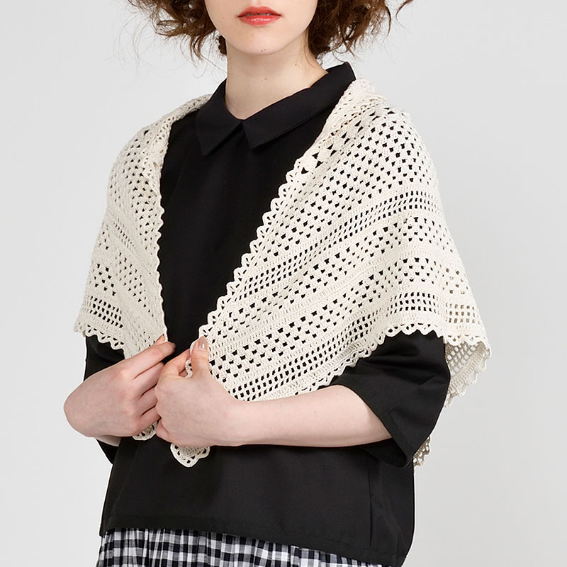 〈レシピ〉三角ショール 生なり・グレー×紺×白