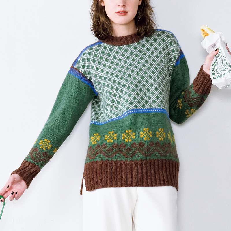 〈レシピ〉緑系の編み込みプルオーバー