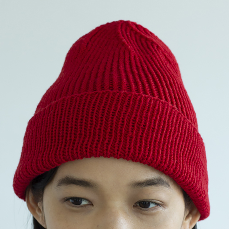 〈レシピ〉ねじり1目ゴム編みの帽子　赤・杢［M・L］