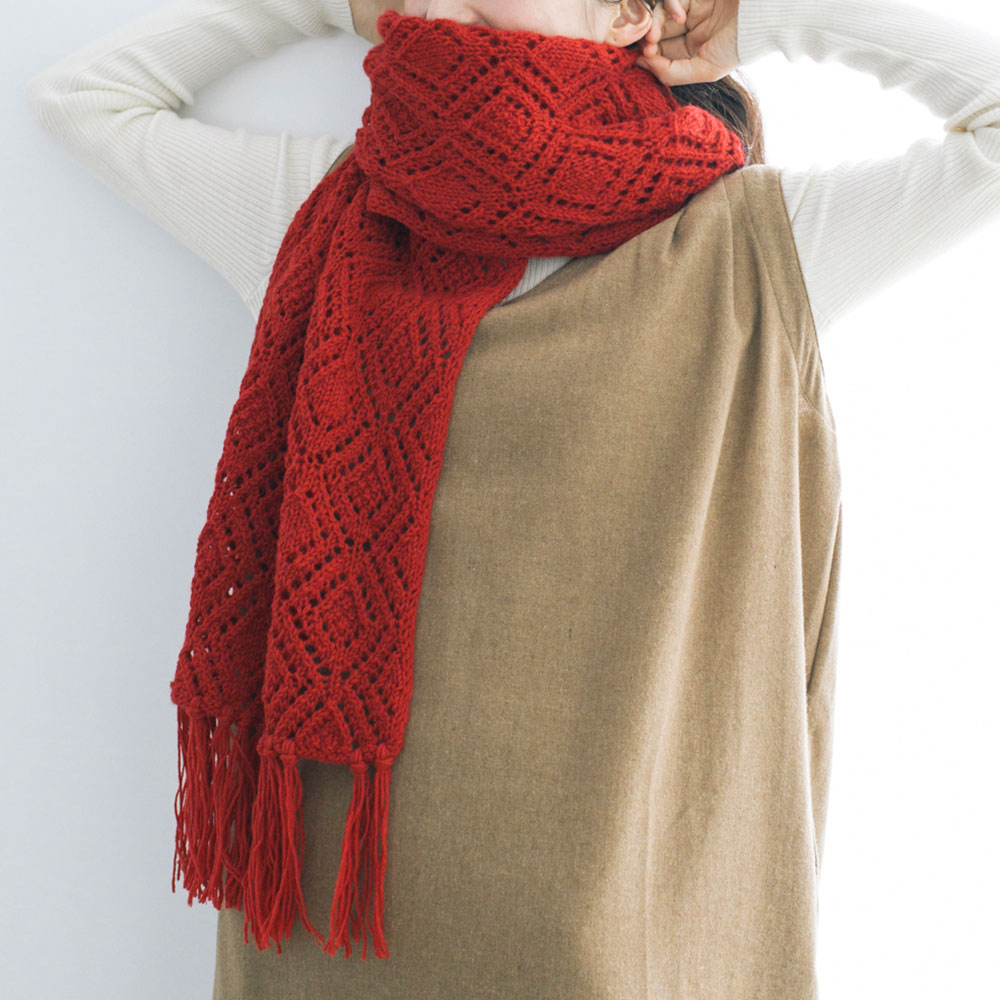 〈レシピ〉ダイヤモンドチェックの真っ赤なショール