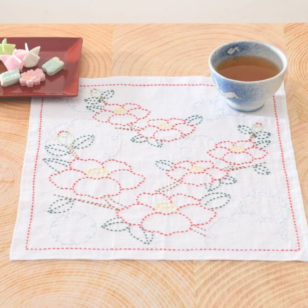 刺し子四季の花ふきん 雪輪の椿